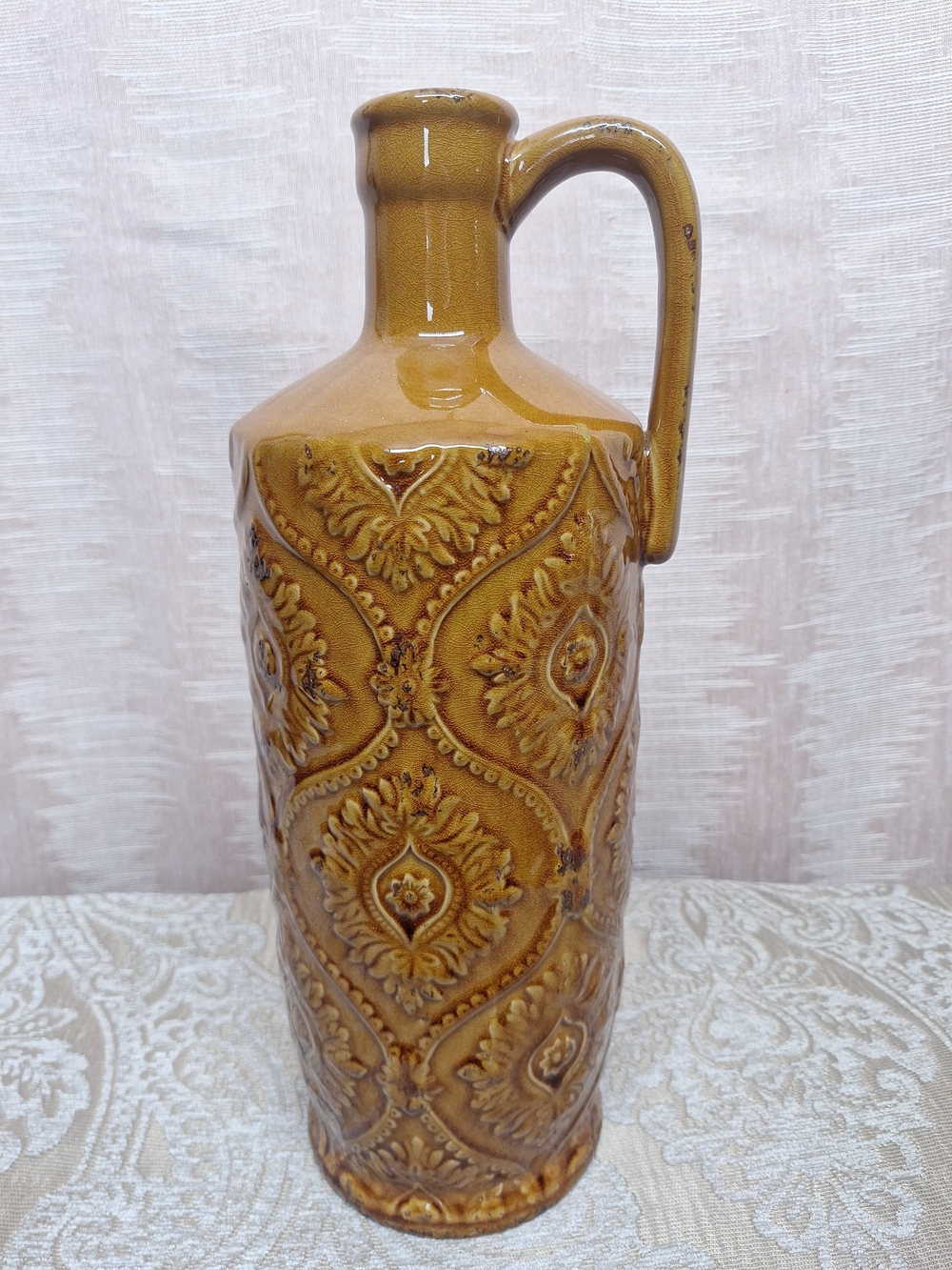 Vintage-Style Golden Brown Ceramic Pitcher Vase - Decorative Home Accent 15"X5"